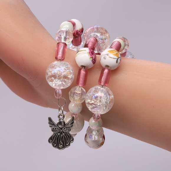 Three piece necklace set with painted beads, Crystals and Pearl beads. - Picture 6 of 9